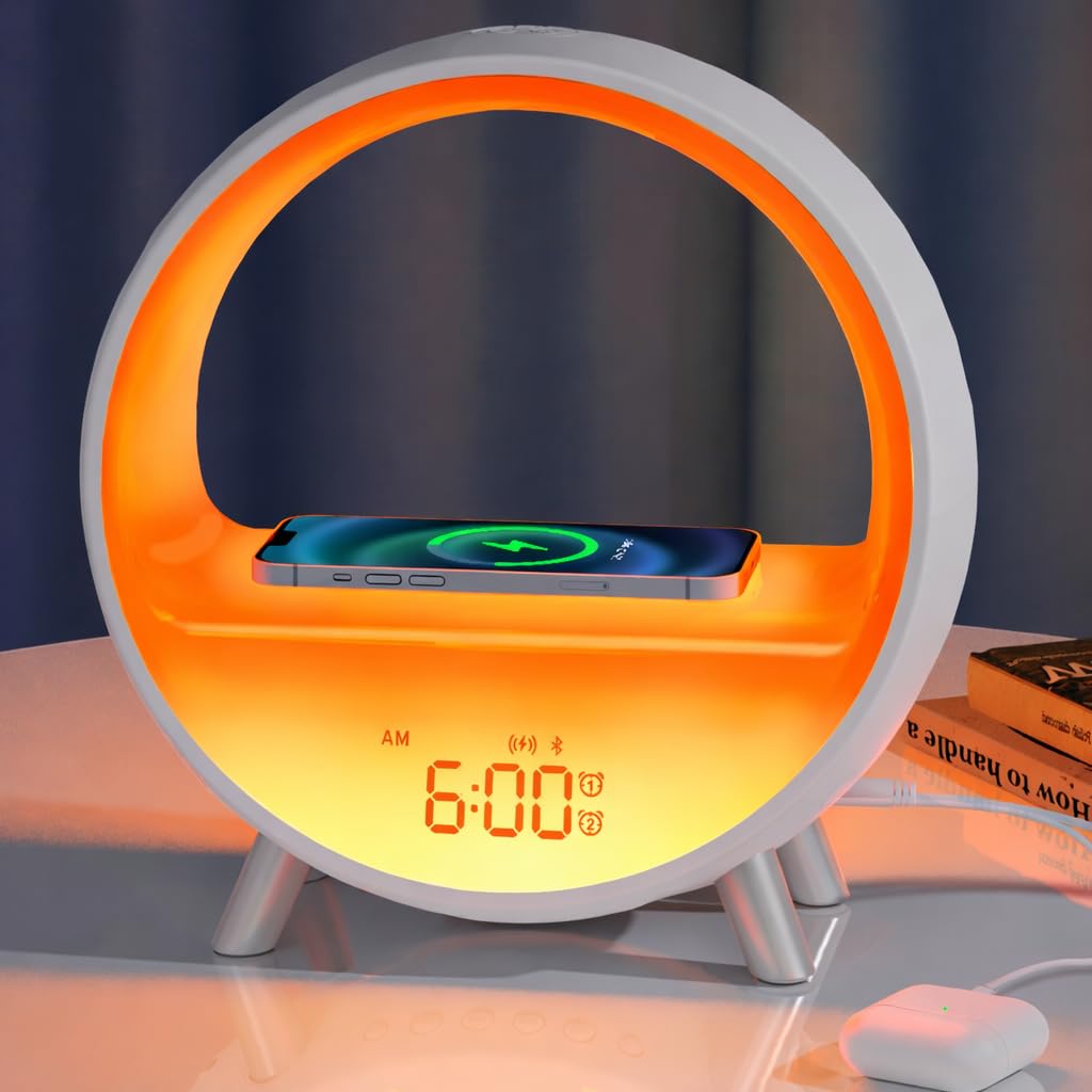 MOMILLA Sunrise Alarm Clock, 3 in 1 Wireless Charging Station, Smart App Control White Noise Sound Machine, Wake up Light, Sunset Night Light Alarm Clocks for Heavy Sleepers Kids