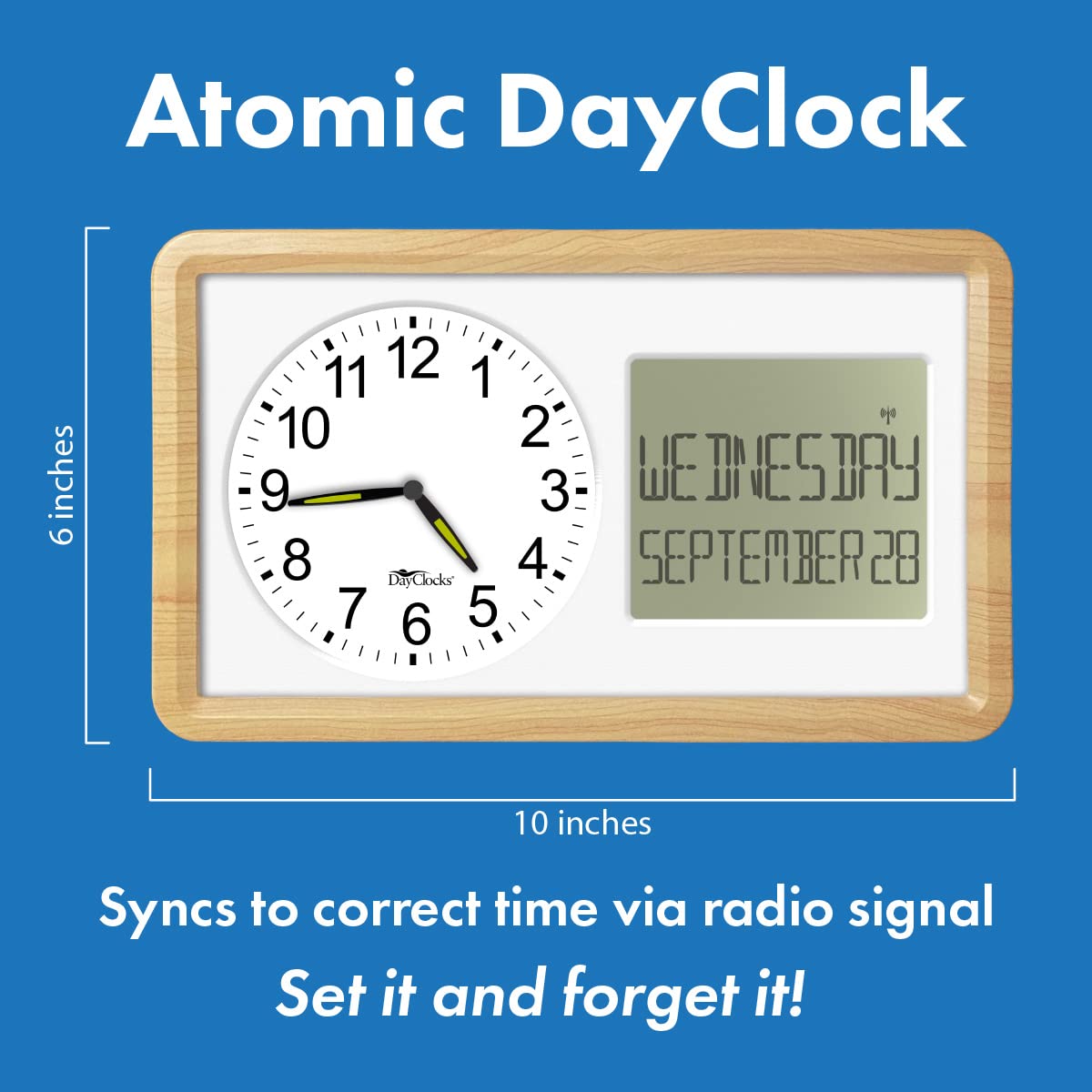 DayClocks Atomic Combines Analog Time and Digital Display for Day and Date – 10” Display Alarm Clock - Battery Powered Soft Display - Black Frame