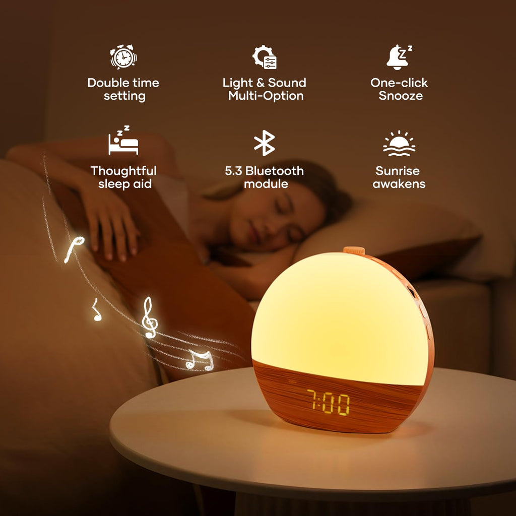 Sunrise Alarm Clock, Sound Machine, Wood Grain Dimmable Night Light for Heavy Sleepers, White Noise Machine for Baby, Dual Alarm Function 30 Sleep Sounds, Wake Up Light with 17 Effects