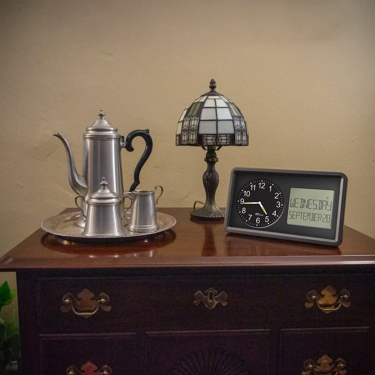 DayClocks Atomic Combines Analog Time and Digital Display for Day and Date – 10” Display Alarm Clock - Battery Powered Soft Display - Black Frame