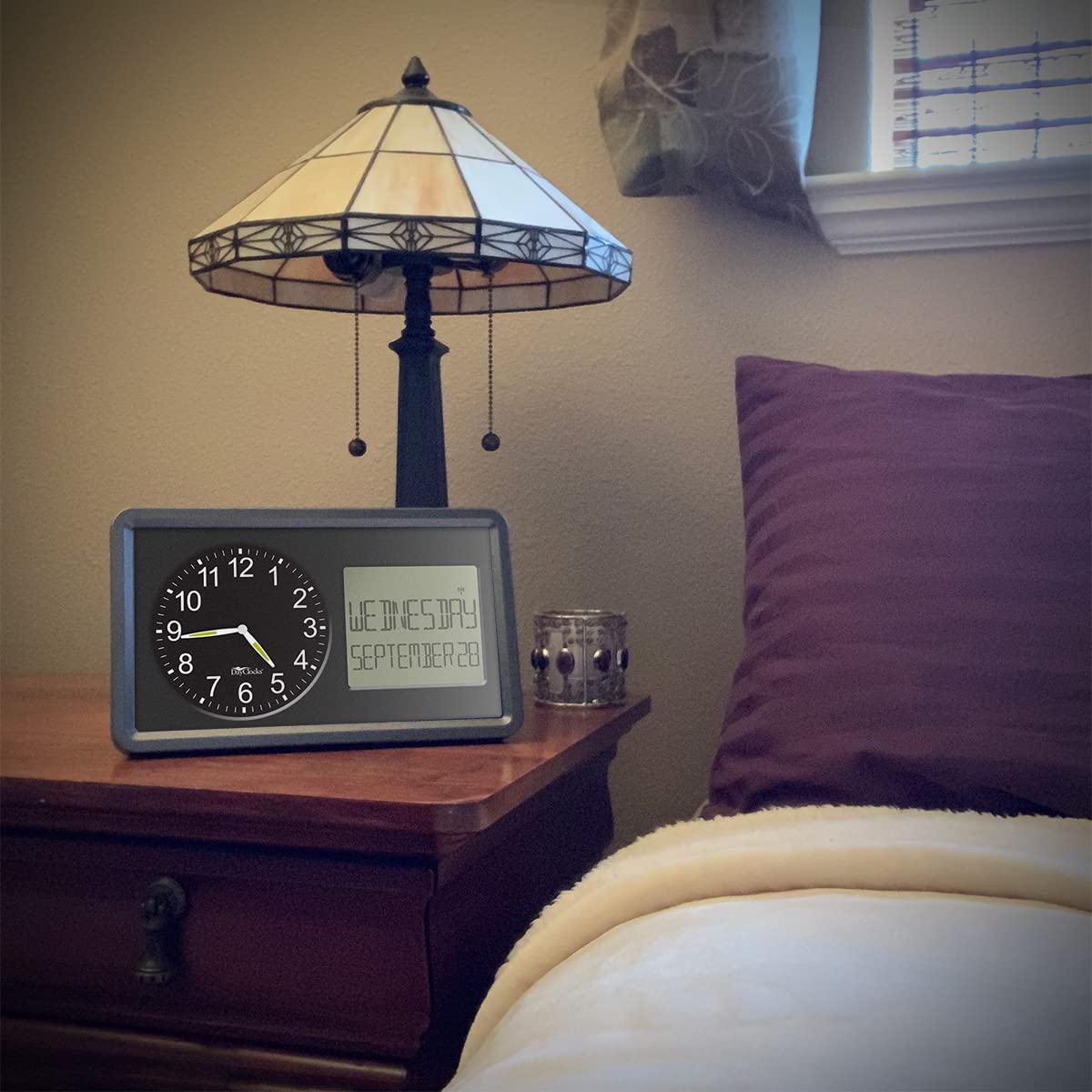 DayClocks Atomic Combines Analog Time and Digital Display for Day and Date – 10” Display Alarm Clock - Battery Powered Soft Display - Black Frame
