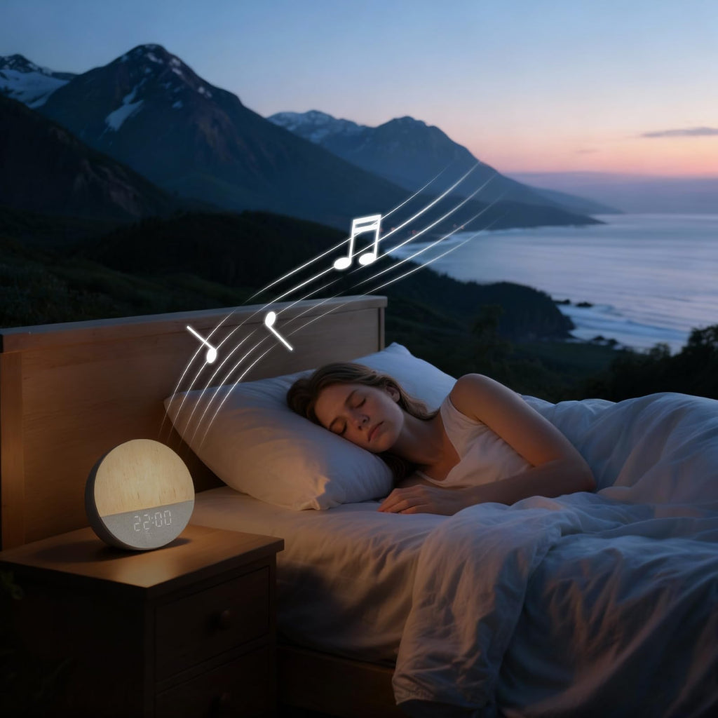 Sunrise Alarm Clock, Sound Machine, Wood Grain Dimmable Night Light for Heavy Sleepers, White Noise Machine for Baby, Dual Alarm Function 30 Sleep Sounds, Wake Up Light with 17 Effects