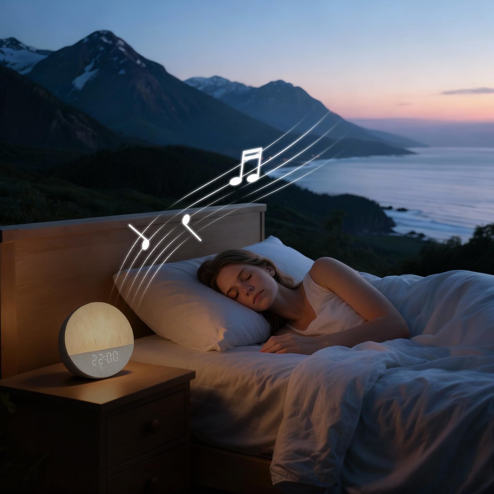 Sunrise Alarm Clock, Sound Machine, Wood Grain Dimmable Night Light for Heavy Sleepers, White Noise Machine for Baby, Dual Alarm Function 30 Sleep Sounds, Wake Up Light with 17 Effects