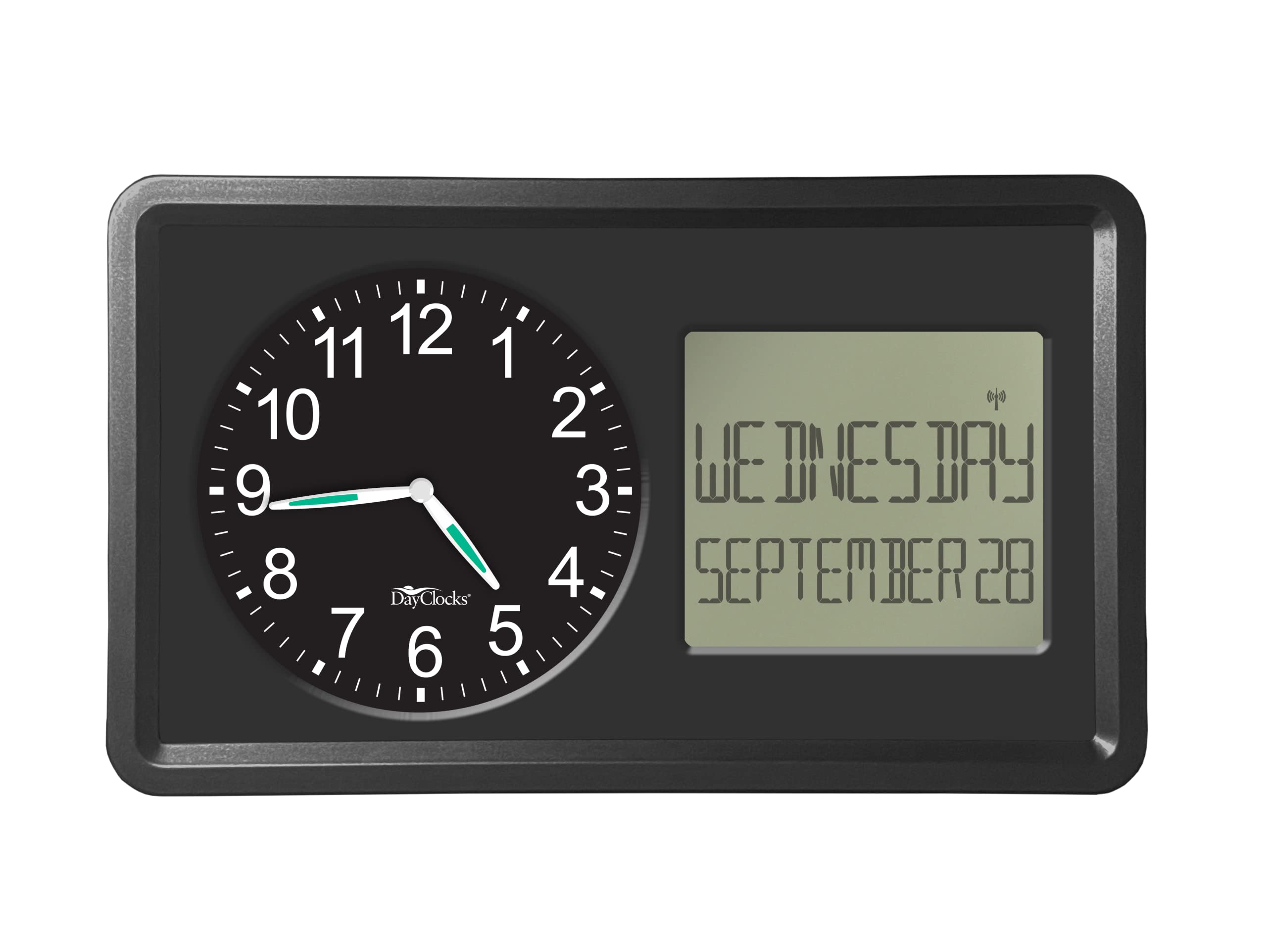 DayClocks Atomic Combines Analog Time and Digital Display for Day and Date – 10” Display Alarm Clock - Battery Powered Soft Display - Black Frame