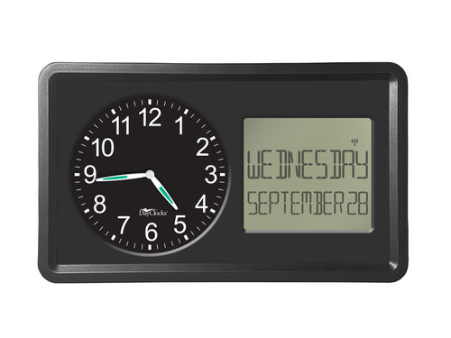 DayClocks Atomic Combines Analog Time and Digital Display for Day and Date – 10” Display Alarm Clock - Battery Powered Soft Display - Black Frame