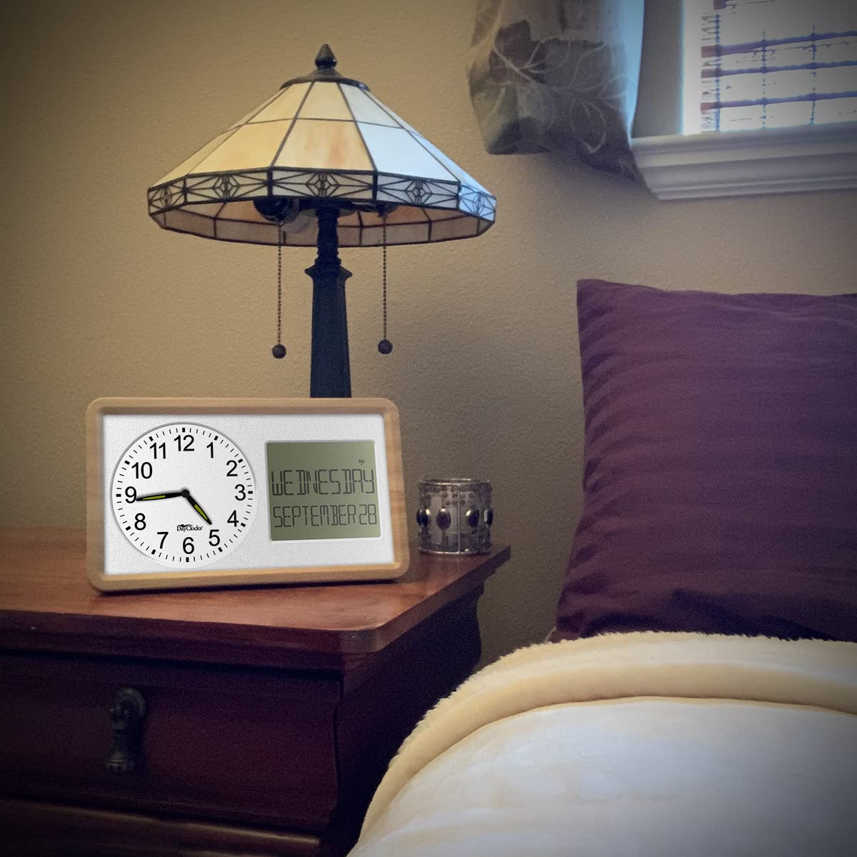 DayClocks Atomic Combines Analog Time and Digital Display for Day and Date – 10” Display Alarm Clock - Battery Powered Soft Display - Black Frame