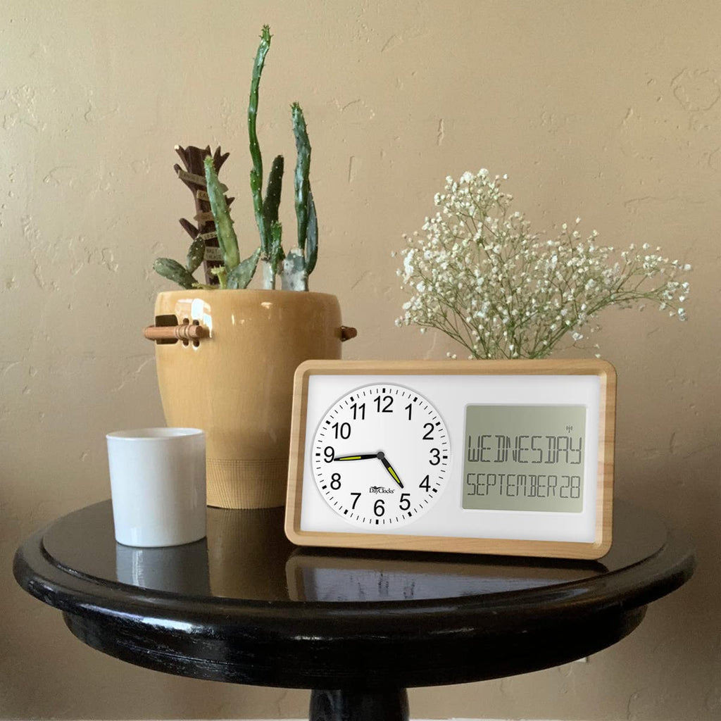 DayClocks Atomic Combines Analog Time and Digital Display for Day and Date – 10” Display Alarm Clock - Battery Powered Soft Display - Black Frame