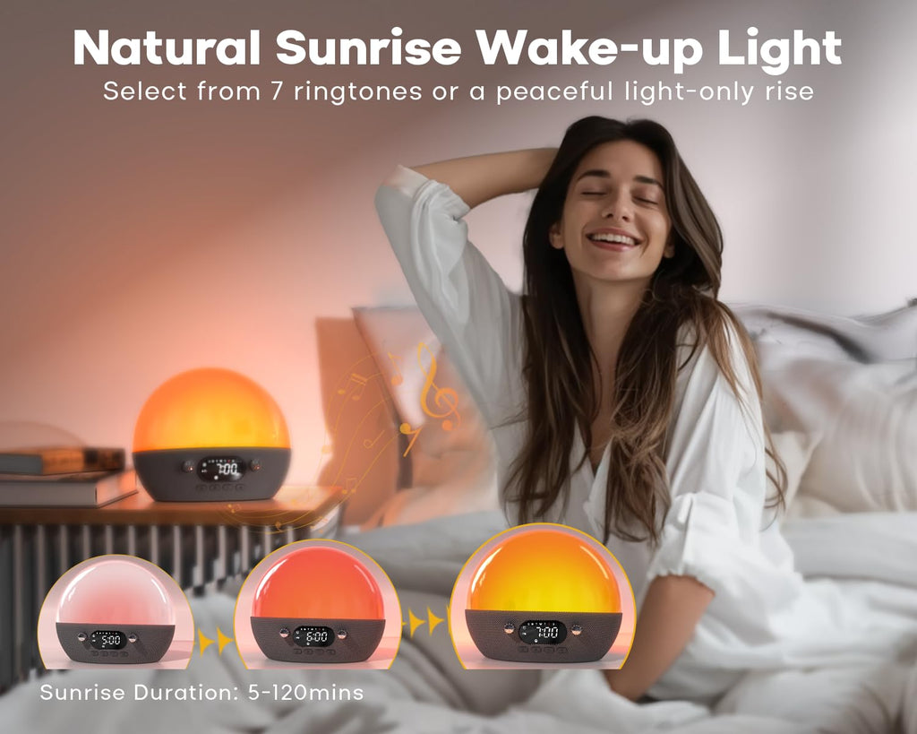 MOMILLA Sunrise Alarm Clock, 3 in 1 Wireless Charging Station, Smart App Control White Noise Sound Machine, Wake up Light, Sunset Night Light Alarm Clocks for Heavy Sleepers Kids