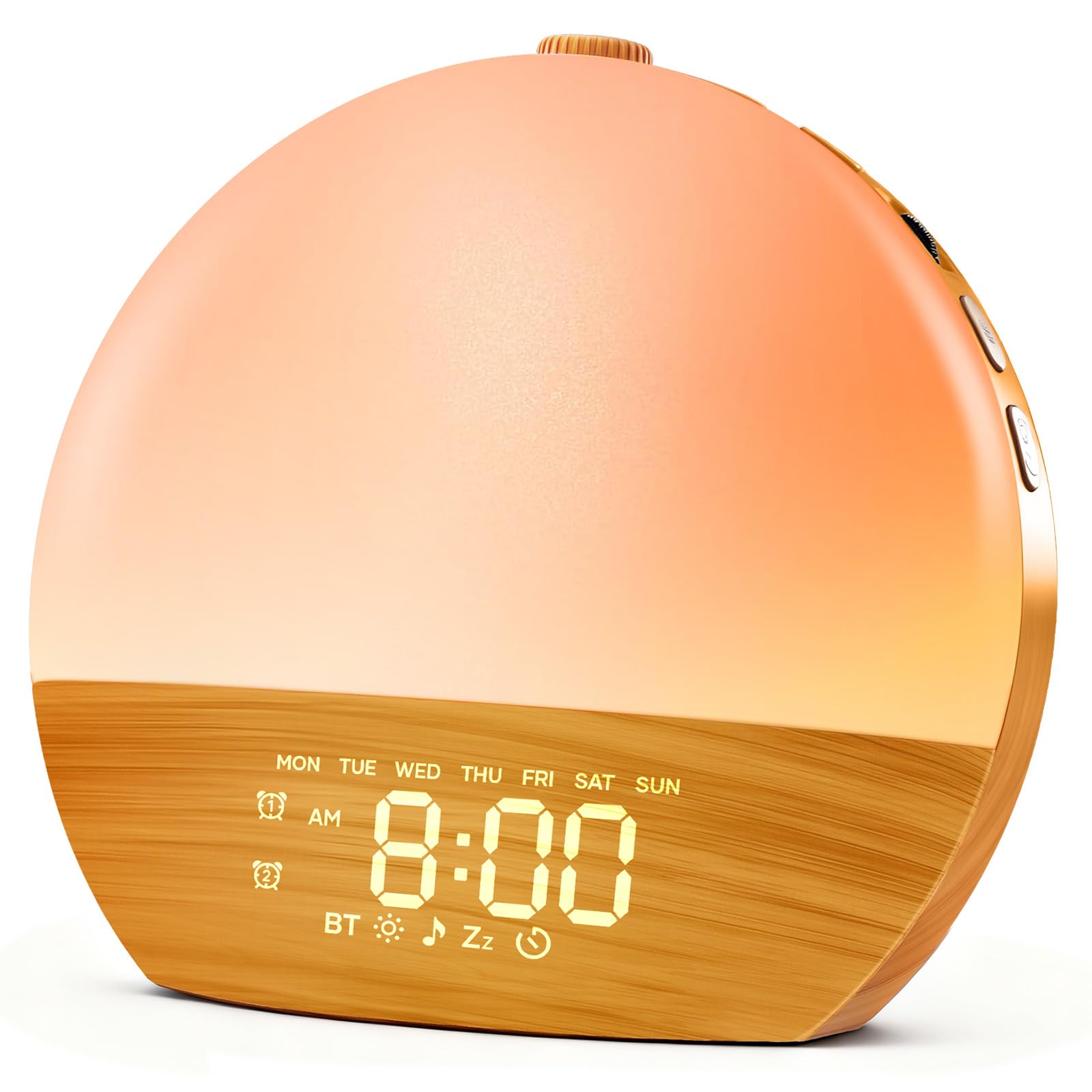 Sunrise Alarm Clock, Sound Machine, Wood Grain Dimmable Night Light for Heavy Sleepers, White Noise Machine for Baby, Dual Alarm Function 30 Sleep Sounds, Wake Up Light with 17 Effects