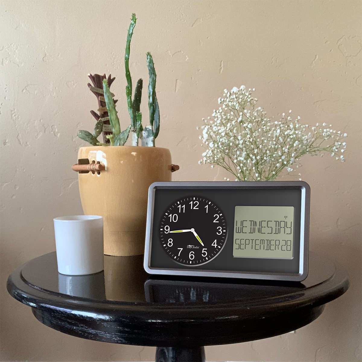 DayClocks Atomic Combines Analog Time and Digital Display for Day and Date – 10” Display Alarm Clock - Battery Powered Soft Display - Black Frame