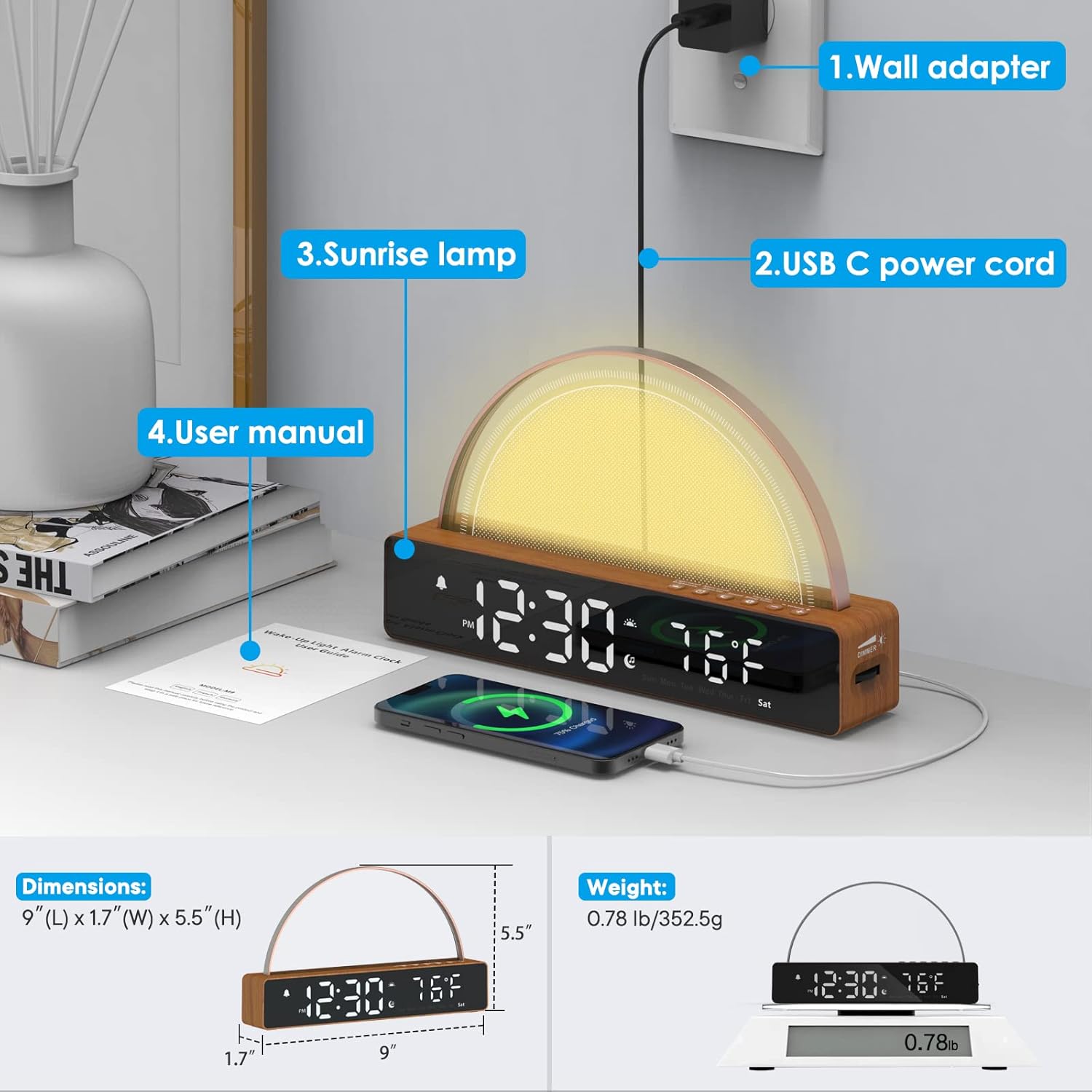 Sunrise Alarm Clock, Wake Up Light Dawn Simulator, Bedside Lamp Color Night Light with USB Charger, Sleep Aid, Loud Sunlight Alarm Clock for Heavy Sleepers Adults, Gift for Kids Teens Boys Girls
