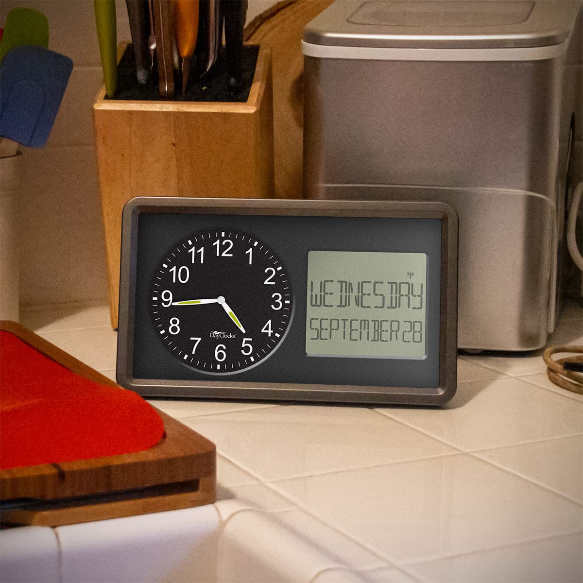 DayClocks Atomic Combines Analog Time and Digital Display for Day and Date – 10” Display Alarm Clock - Battery Powered Soft Display - Black Frame