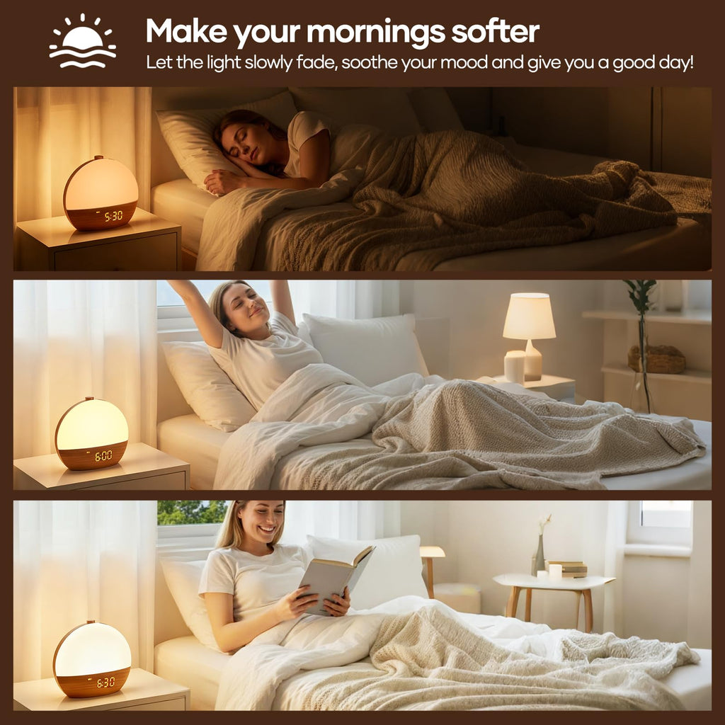 Sunrise Alarm Clock, Sound Machine, Wood Grain Dimmable Night Light for Heavy Sleepers, White Noise Machine for Baby, Dual Alarm Function 30 Sleep Sounds, Wake Up Light with 17 Effects