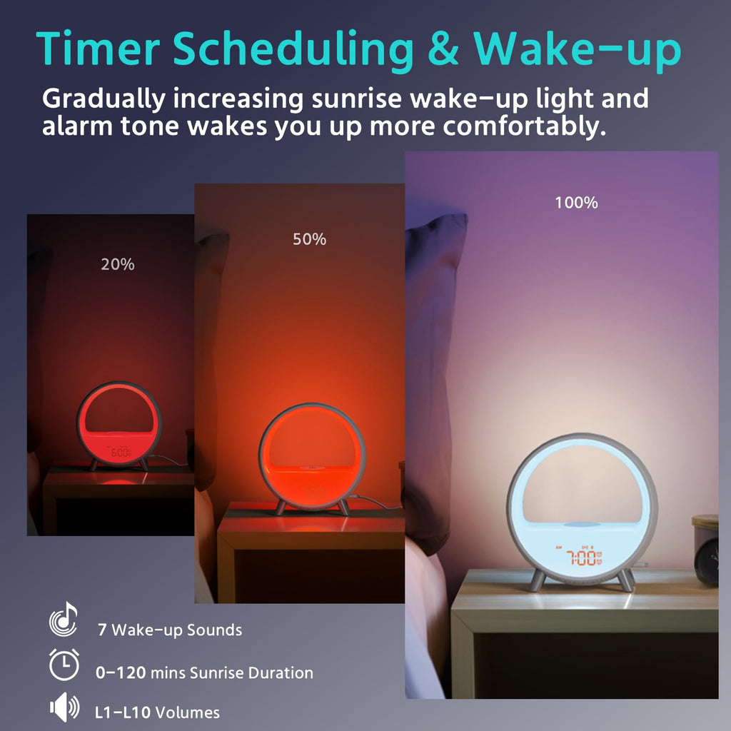 MOMILLA Sunrise Alarm Clock, 3 in 1 Wireless Charging Station, Smart App Control White Noise Sound Machine, Wake up Light, Sunset Night Light Alarm Clocks for Heavy Sleepers Kids