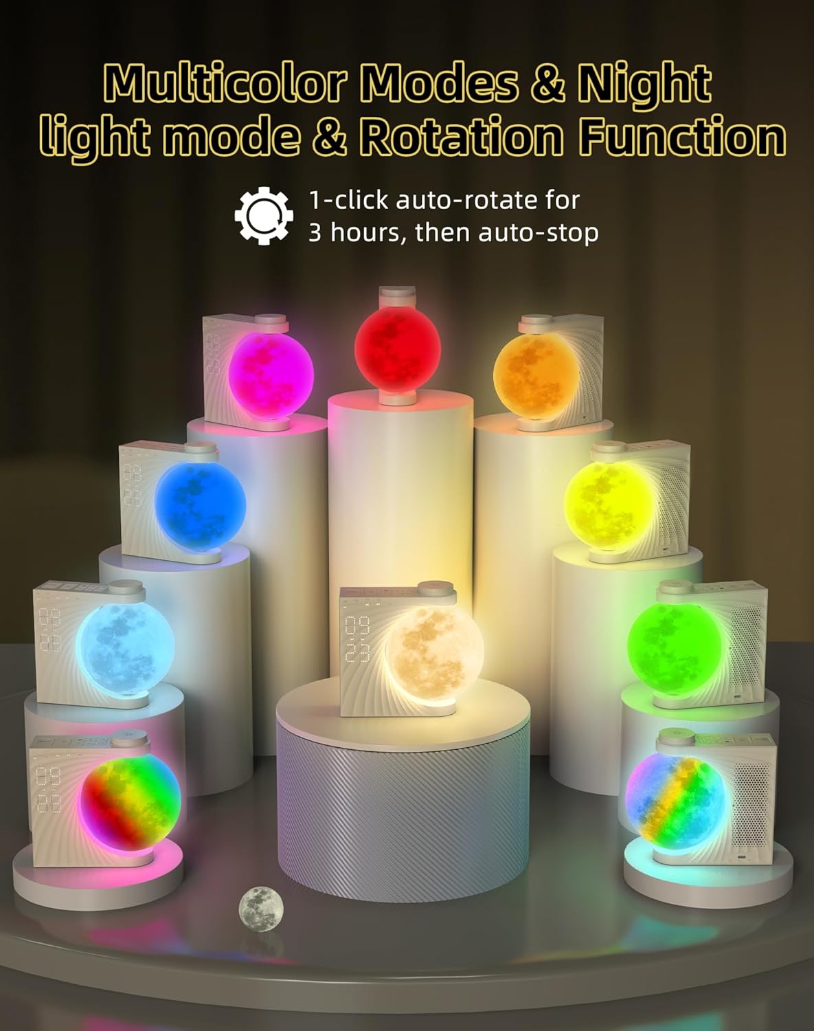INSSISAIN Sunrise Alarm Clock for Bedrooms - Auto-Rotating Moon Lamp with Wake-Up Light & Night Light, 10 Nature Sounds, Dual Alarms for Heavy Sleepers, 30/60/90 Timer & Snooze