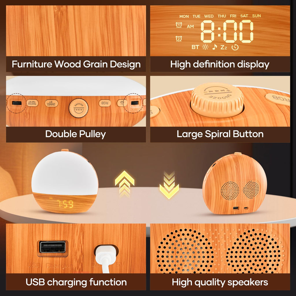 Sunrise Alarm Clock, Sound Machine, Wood Grain Dimmable Night Light for Heavy Sleepers, White Noise Machine for Baby, Dual Alarm Function 30 Sleep Sounds, Wake Up Light with 17 Effects