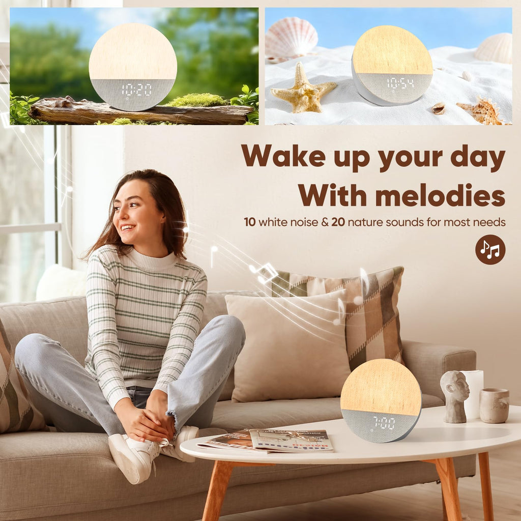 Sunrise Alarm Clock, Sound Machine, Wood Grain Dimmable Night Light for Heavy Sleepers, White Noise Machine for Baby, Dual Alarm Function 30 Sleep Sounds, Wake Up Light with 17 Effects