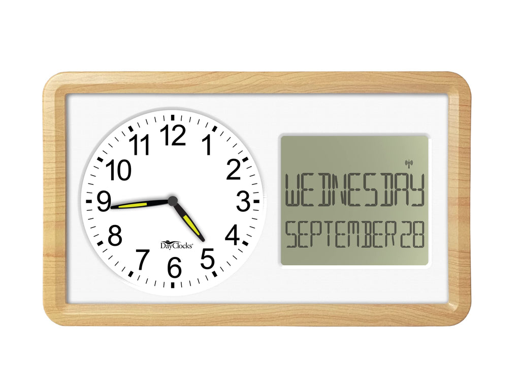 DayClocks Atomic Combines Analog Time and Digital Display for Day and Date – 10” Display Alarm Clock - Battery Powered Soft Display - Black Frame