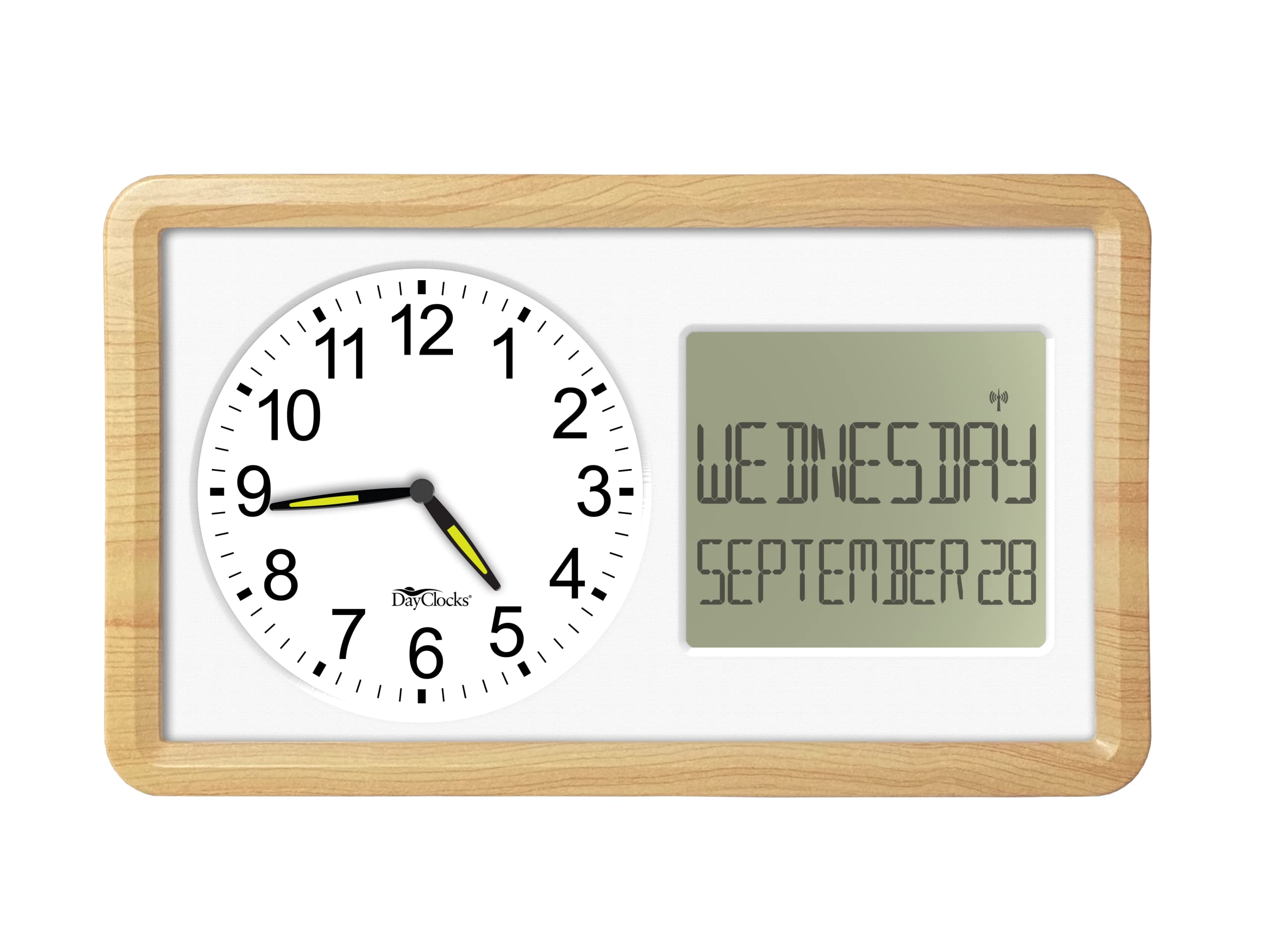 DayClocks Atomic Combines Analog Time and Digital Display for Day and Date – 10” Display Alarm Clock - Battery Powered Soft Display - Black Frame