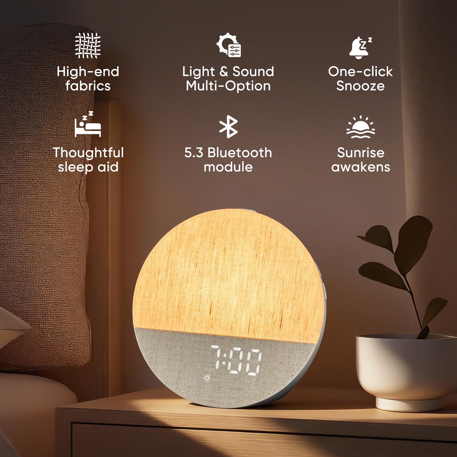 Sunrise Alarm Clock, Sound Machine, Wood Grain Dimmable Night Light for Heavy Sleepers, White Noise Machine for Baby, Dual Alarm Function 30 Sleep Sounds, Wake Up Light with 17 Effects