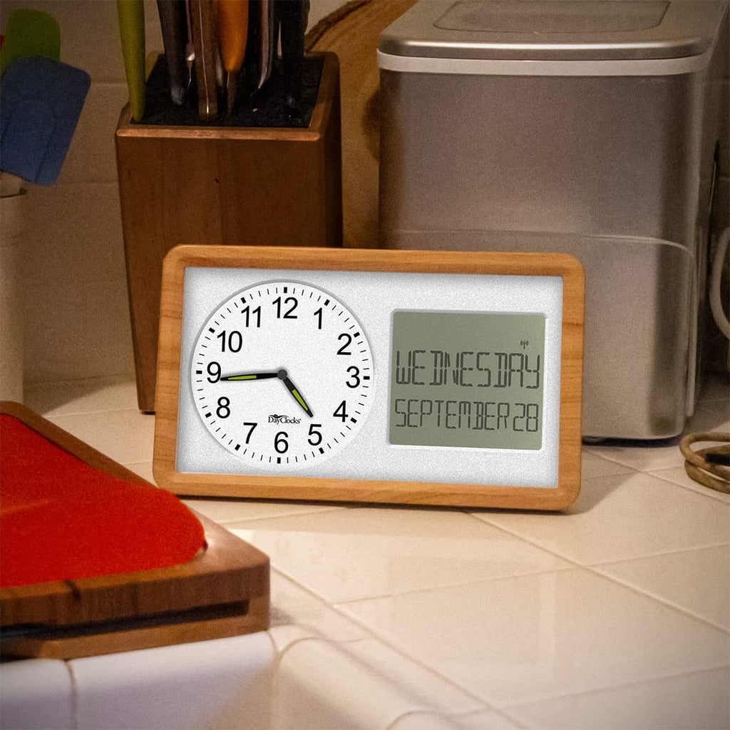 DayClocks Atomic Combines Analog Time and Digital Display for Day and Date – 10” Display Alarm Clock - Battery Powered Soft Display - Black Frame