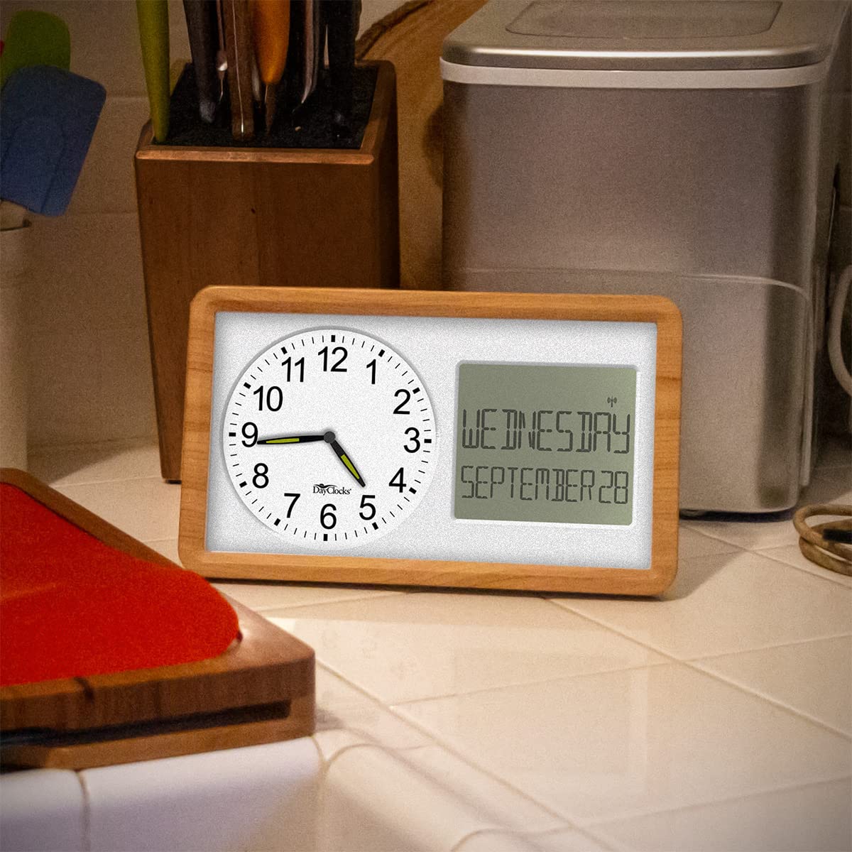 DayClocks Atomic Combines Analog Time and Digital Display for Day and Date – 10” Display Alarm Clock - Battery Powered Soft Display - Black Frame