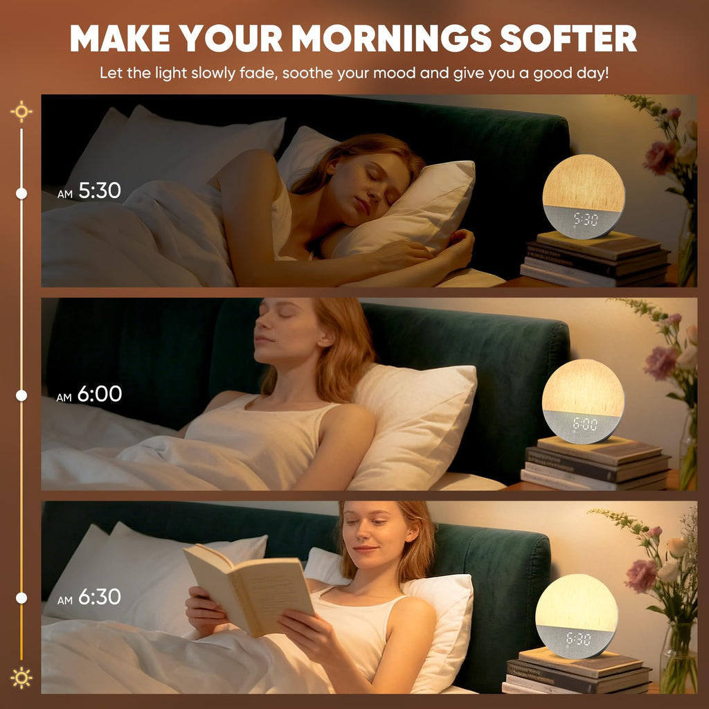 Sunrise Alarm Clock, Sound Machine, Wood Grain Dimmable Night Light for Heavy Sleepers, White Noise Machine for Baby, Dual Alarm Function 30 Sleep Sounds, Wake Up Light with 17 Effects