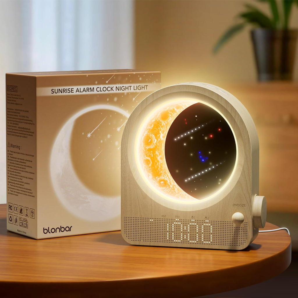blonbar Sunrise Alarm Clocks for Bedrooms, Stepless Dimmable Moon Lamp Dual Alarm Clock with 12Levels Volume for Heavy Sleepers, 10 Natural Sounds with 30/60/90mins Timer, Gifts for Women