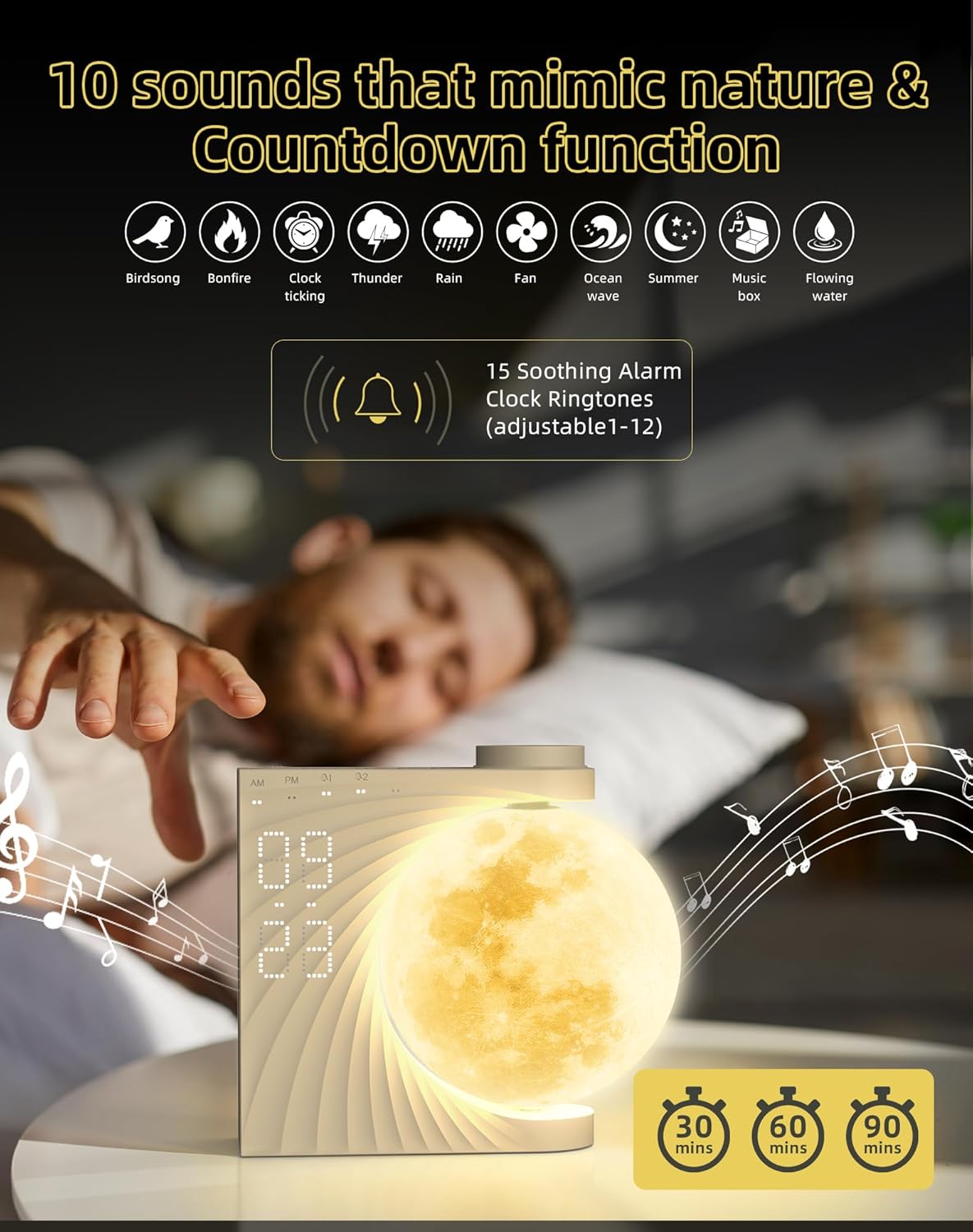 INSSISAIN Sunrise Alarm Clock for Bedrooms - Auto-Rotating Moon Lamp with Wake-Up Light & Night Light, 10 Nature Sounds, Dual Alarms for Heavy Sleepers, 30/60/90 Timer & Snooze
