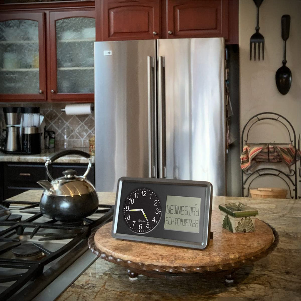 DayClocks Atomic Combines Analog Time and Digital Display for Day and Date – 10” Display Alarm Clock - Battery Powered Soft Display - Black Frame