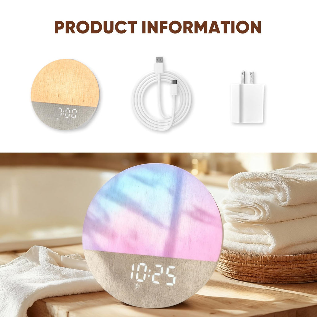 Sunrise Alarm Clock, Sound Machine, Wood Grain Dimmable Night Light for Heavy Sleepers, White Noise Machine for Baby, Dual Alarm Function 30 Sleep Sounds, Wake Up Light with 17 Effects