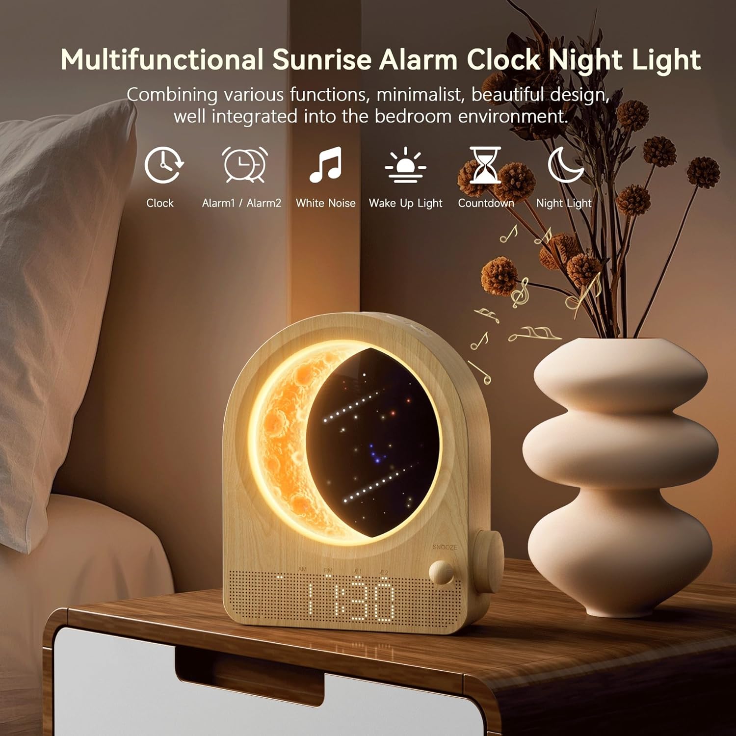 blonbar Sunrise Alarm Clocks for Bedrooms, Stepless Dimmable Moon Lamp Dual Alarm Clock with 12Levels Volume for Heavy Sleepers, 10 Natural Sounds with 30/60/90mins Timer, Gifts for Women