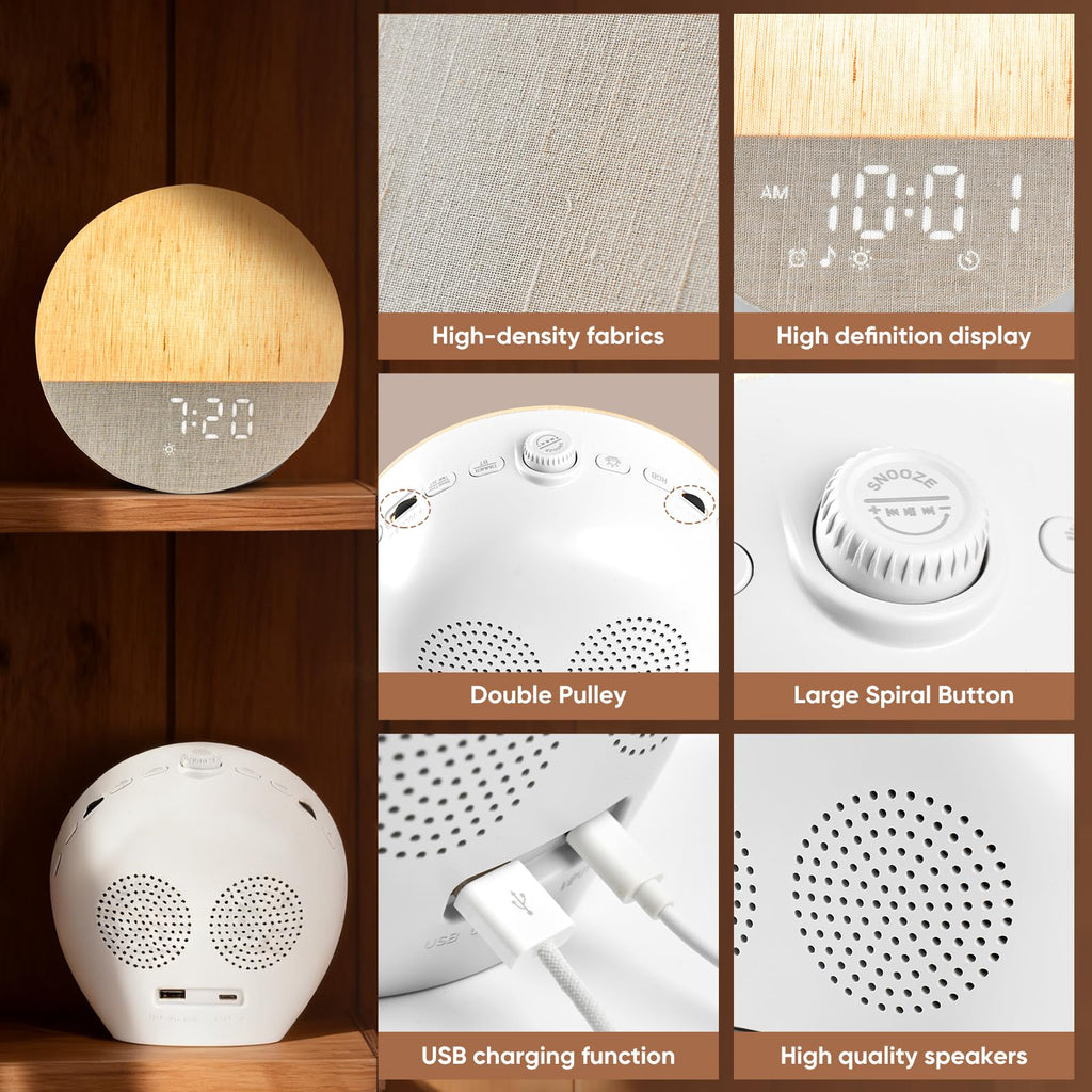 Sunrise Alarm Clock, Sound Machine, Wood Grain Dimmable Night Light for Heavy Sleepers, White Noise Machine for Baby, Dual Alarm Function 30 Sleep Sounds, Wake Up Light with 17 Effects