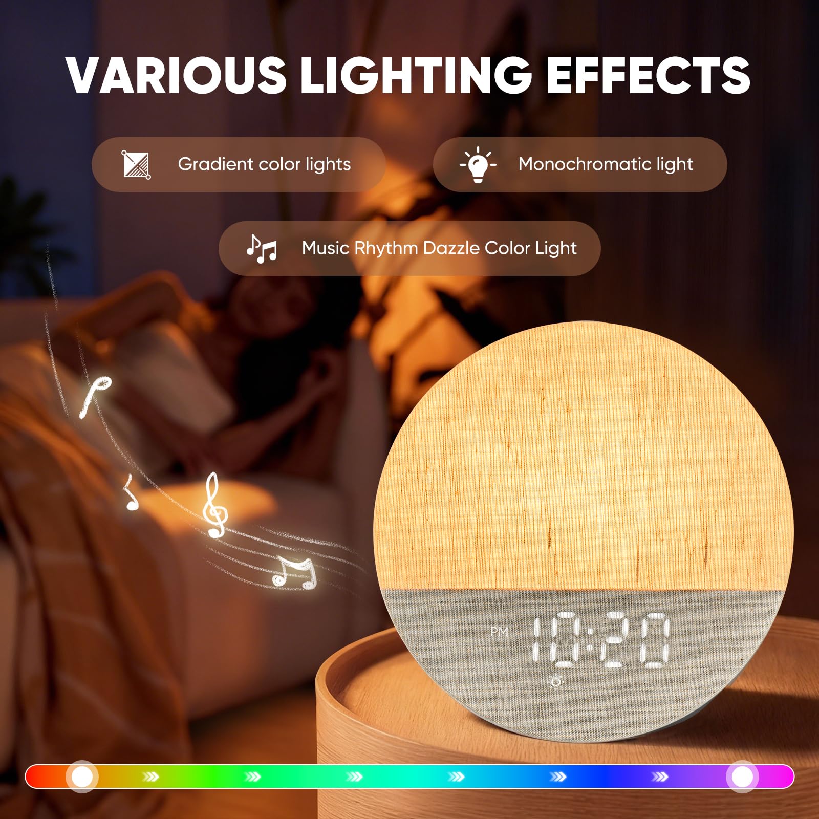 Sunrise Alarm Clock, Sound Machine, Wood Grain Dimmable Night Light for Heavy Sleepers, White Noise Machine for Baby, Dual Alarm Function 30 Sleep Sounds, Wake Up Light with 17 Effects
