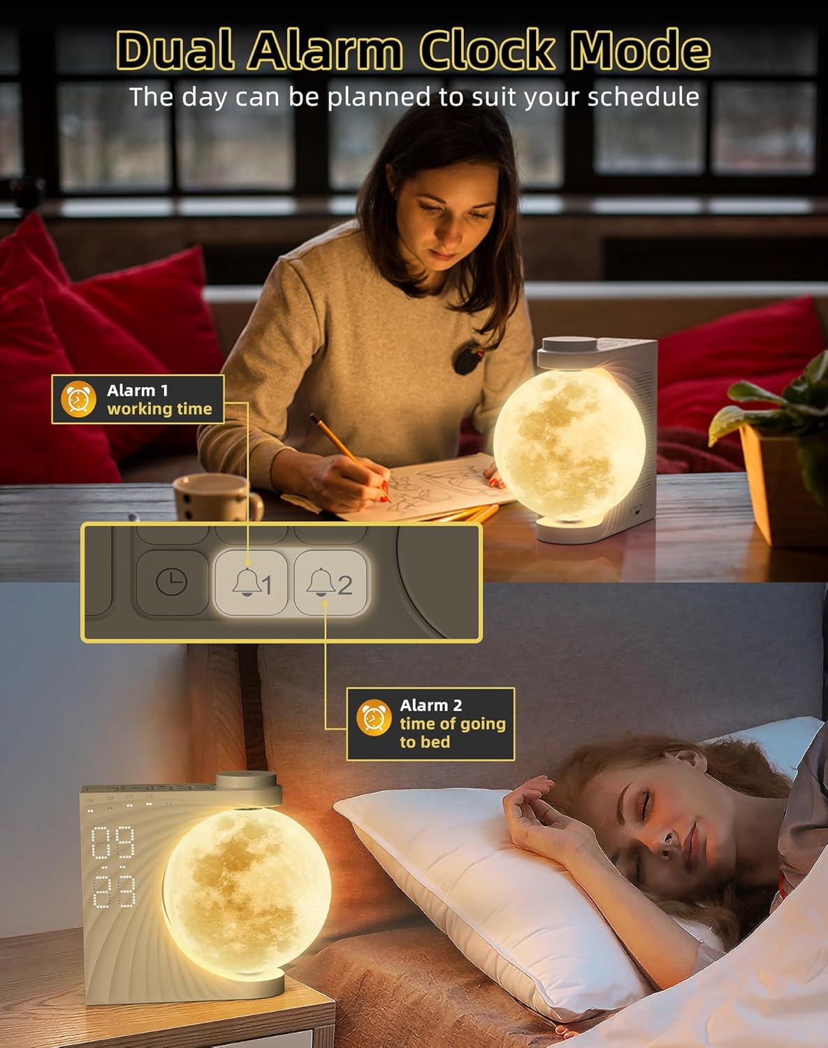 INSSISAIN Sunrise Alarm Clock for Bedrooms - Auto-Rotating Moon Lamp with Wake-Up Light & Night Light, 10 Nature Sounds, Dual Alarms for Heavy Sleepers, 30/60/90 Timer & Snooze